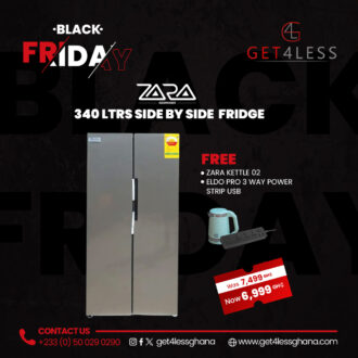 Zara Fridge Side By Side 380 Litres Net Silver with free B-ZA-002B kettle