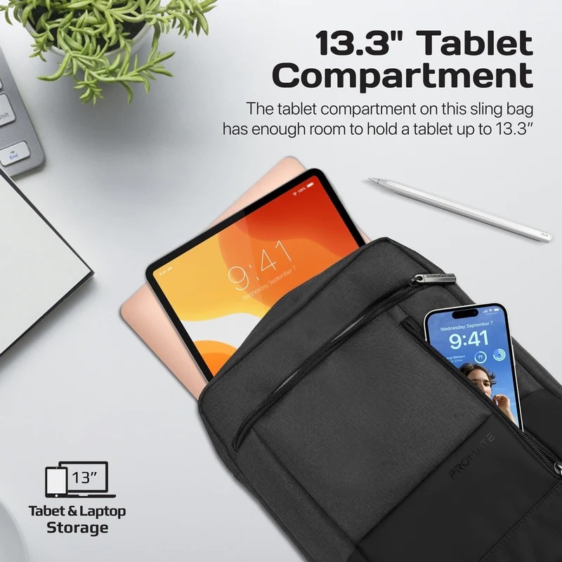 Promate Accented 13.3 Laptop and Tablet Handbag with Mulple Pocket, Black - Image 3