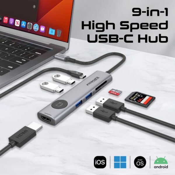 Promate  8 Port USB-C Hub HDMI Display off Button & 100W PD - Image 2