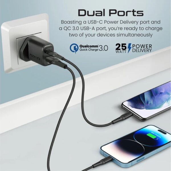 Promate 25W Power Delivery Dual Port Adapter with Ultra-Fast USB-C to Lightning Cable 25W USB-C PD - Image 3