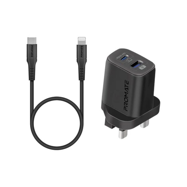 Promate 25W Power Delivery Dual Port Adapter with Ultra-Fast USB-C to Lightning Cable 25W USB-C PD