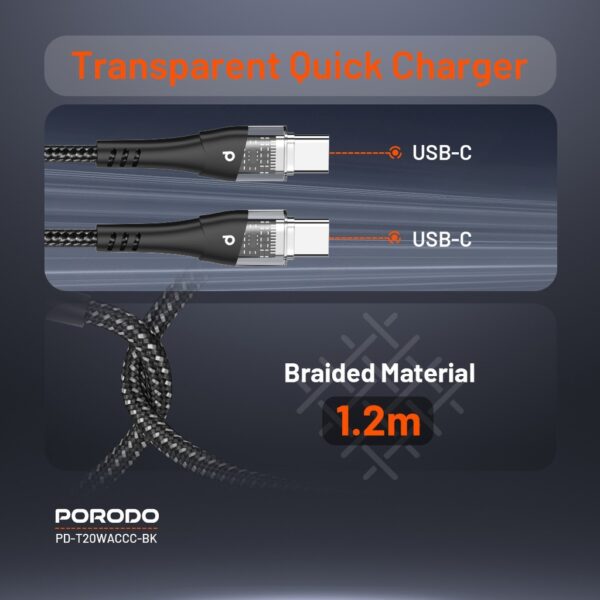 Porodo Dual Output Transparent Quick Charger USB-C PD And USB-A QC With USB-C To USB-C Cable 1.2m UK - Image 5