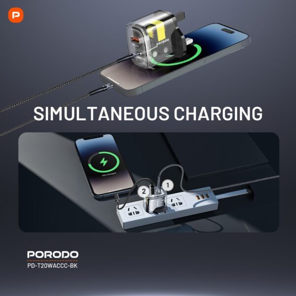 Porodo Dual Output Transparent Quick Charger USB-C PD And USB-A QC With USB-C To USB-C Cable 1.2m UK - Image 3