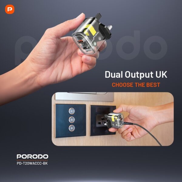 Porodo Dual Output Transparent Quick Charger USB-C PD And USB-A QC With USB-C To USB-C Cable 1.2m UK - Image 4