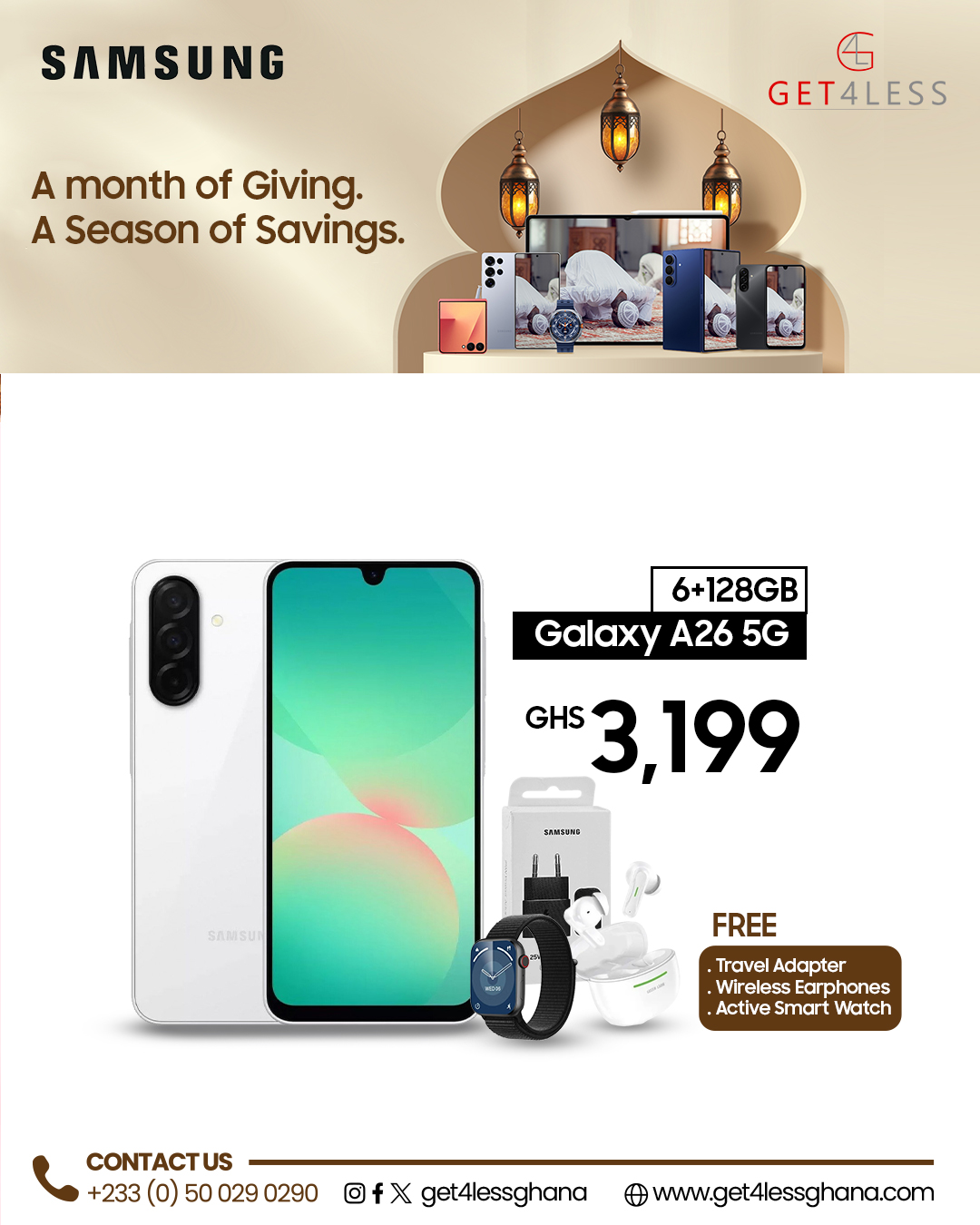 Samsung Galaxy A26 6GB RAM 128GB with free Adapter, Earphones and Smart Watch