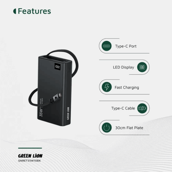 Green Lion Retractable Power Bank 35W 10000mAh - Black - Image 2