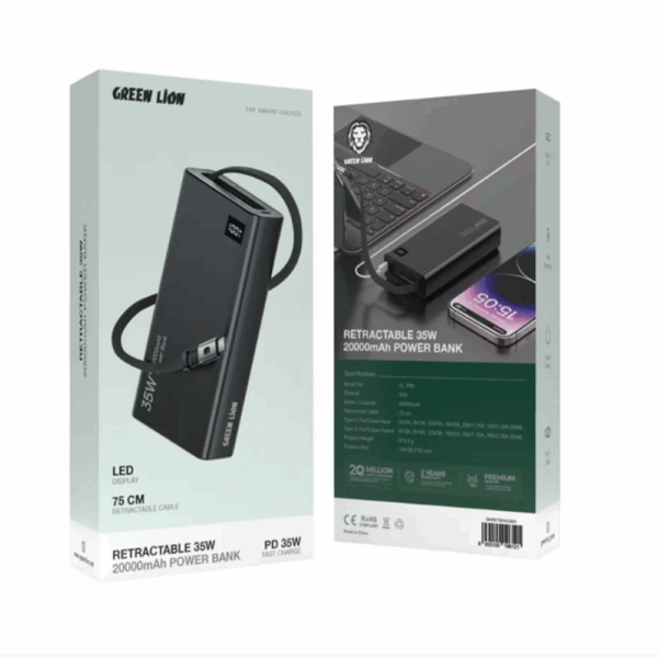 Green Lion Retractable Power Bank 35W 20000mAh - Black - Image 2