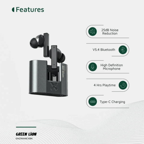 Green Lion ZINC X Metal Earbuds TWS with ANC - Black - Image 4