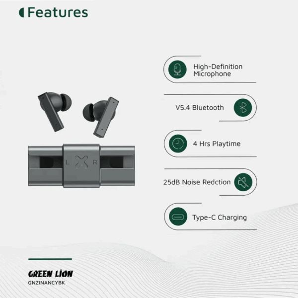 Green Lion ZINC Y Metal Earbuds TWS with ANC - Black - Image 4