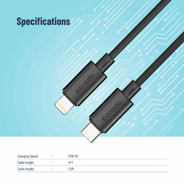Porodo Blue 20W PD Type C to Lightning PVC Cable 1.2M - Black - Image 4