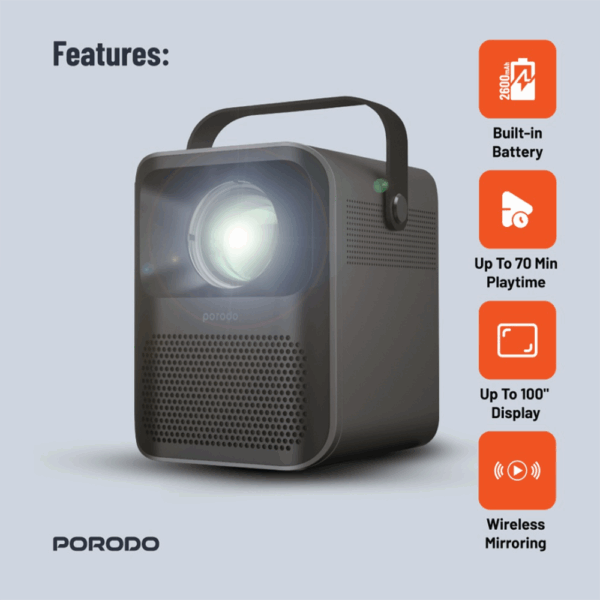 Porodo Lifestyle Full HD Portable Projector 2600mAh - Black - Image 4
