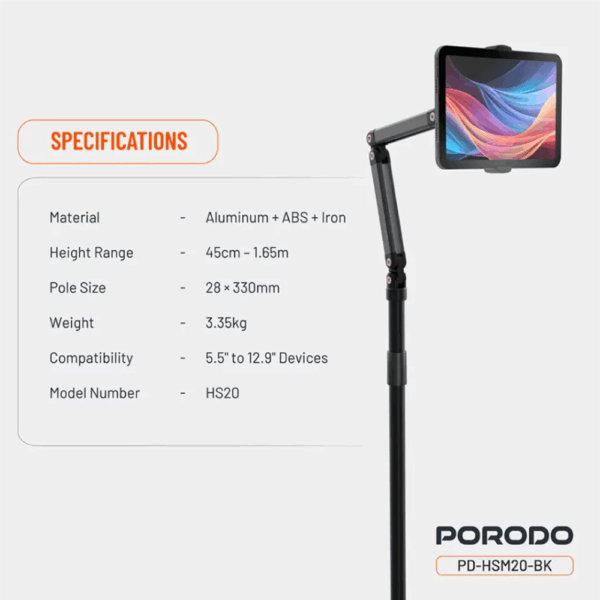 Porodo 360° Rotatable & Adjustable Cantilever Bracket Phone & Tablet Floor Stand 1.65m - Image 2