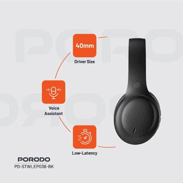 Porodo Soundtec Wireless Headphones - Black - Image 2