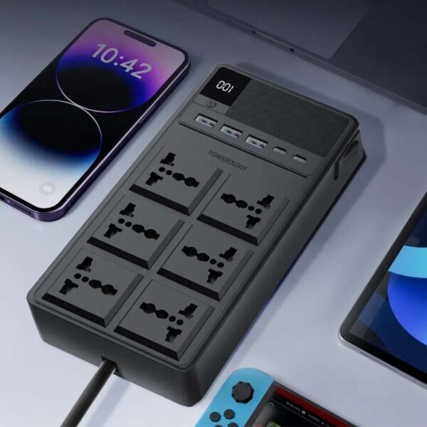 Powerology 6 AC Power Socket With PD20W & QC3.0 Port with USB-C PD20W & Light cable - Black - Image 4