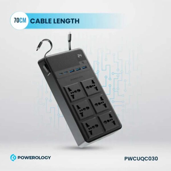 Powerology 6 AC Power Socket With PD20W & QC3.0 Port with USB-C PD20W & Light cable - Black - Image 5