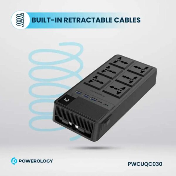 Powerology 6 AC Power Socket With PD20W & QC3.0 Port with USB-C PD20W & Light cable - Black - Image 6