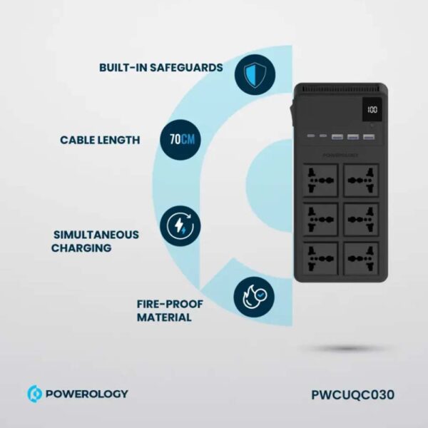 Powerology 6 AC Power Socket With PD20W & QC3.0 Port with USB-C PD20W & Light cable - Black - Image 2