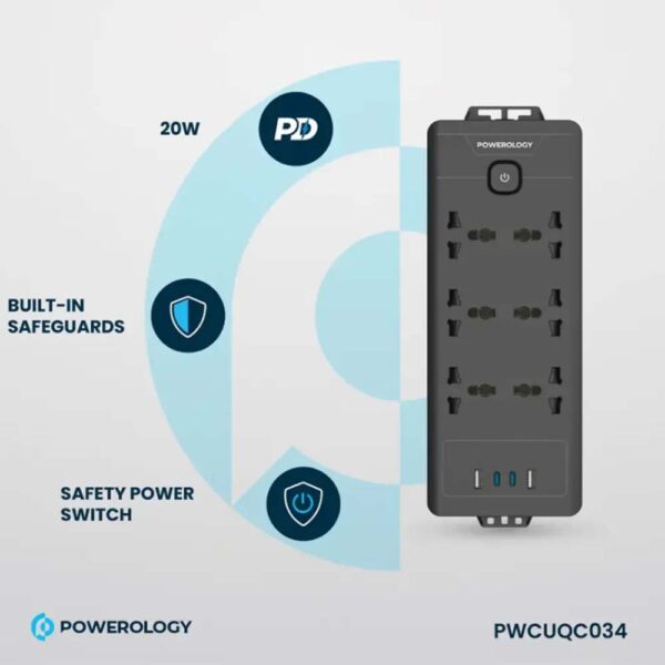 Powerology PD20W QC 3.0 2A + 2 Type C Socket 2M - Black - Image 3