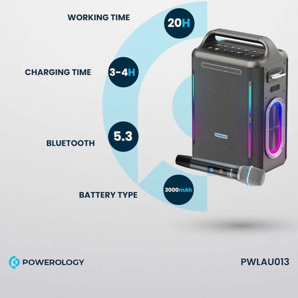 Powerology TWS Karaoke Speaker 200W with Mic and Remote - Silver - Image 4