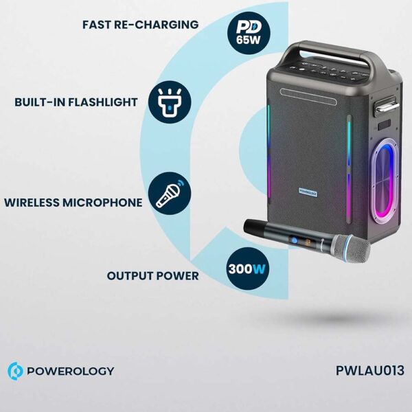 Powerology TWS Karaoke Speaker 200W with Mic and Remote - Silver - Image 3