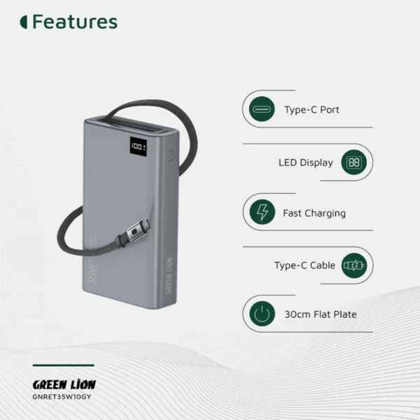 Green Lion Retractable Power Bank 35W 10000mAh - Grey - Image 3