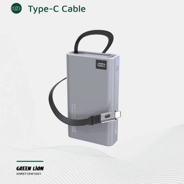 Green Lion Retractable Power Bank 35W 10000mAh - Grey - Image 2