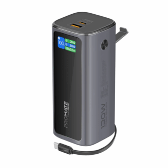 Promate 20000mAh Ultra Compact 130W Multi-Port Power Bank with Retractable USB-C Cable & TFT LCD Screen