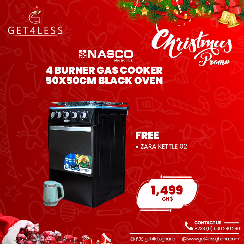 Nasco Gas Cooker 4 Burrner 50X50Cm Black Oven With Free Zara Kettle