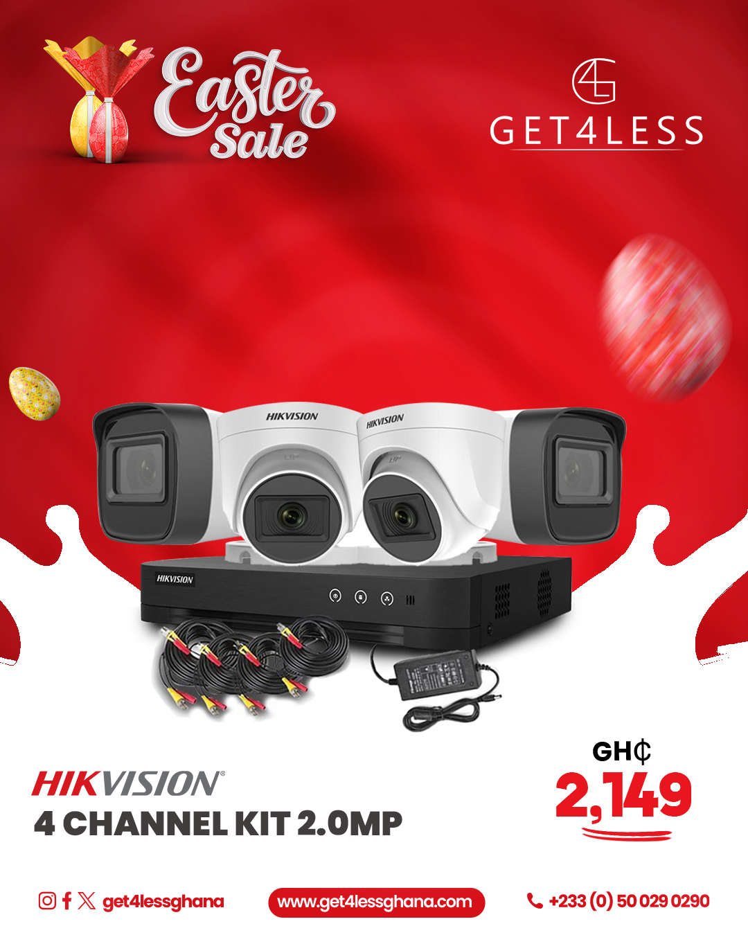 Hikvision 4 Channel Kit 2.0MP 2 Dome 2 Bullet and 4 Terminated Cables