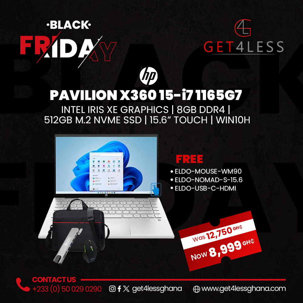 HP Pavilion X360 15-Core i7 G11 8GB RAM 512GB SSD 15.6" Touch with Free Eldo Pro USB-C To HDMI 8 Port Adapter, Eldo WM90 Mouse and Eldo Pro Laptop Bag 15.6