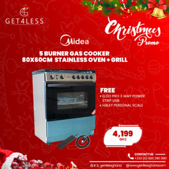 Midea Gas Cooker 5 Burner 75 x 60 cm Stainless Oven + Grill With Free Eldo Pro Power Strip And Halley Scale