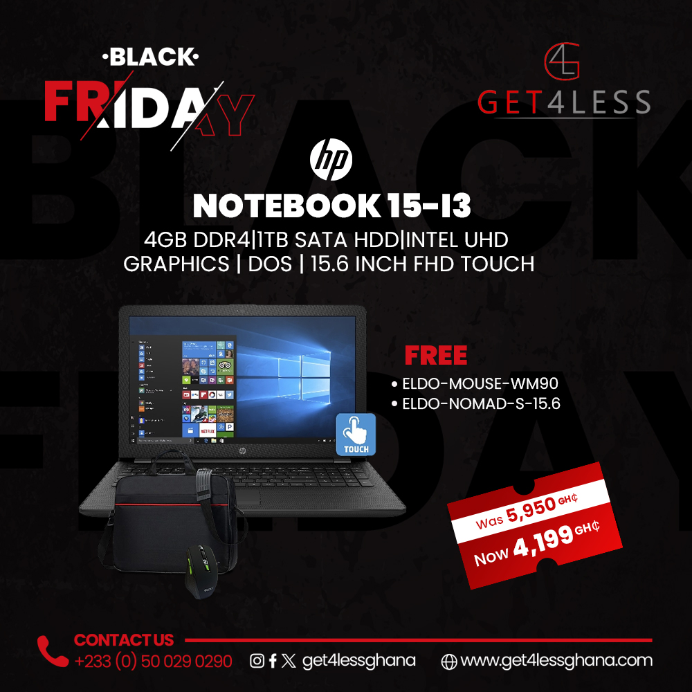 HP Notebook 15 -Core i3 4GB RAM 1TB HDD 15.6" Touch with Free Eldo WM90 Mouse and Eldo Pro Laptop Bag 15.6