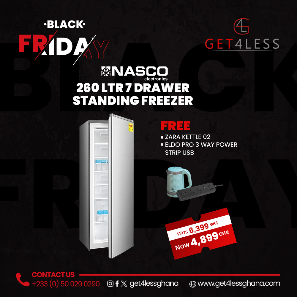 Nasco Standing Freezer 260 LTR Gross 7 Drawer Silver with free Eldo Power Strip and Kettle