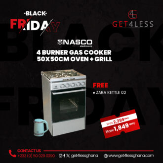 Nasco Gas Cooker 4 Burner 50 x 50 cm Black Oven + grill with free zara-kettle