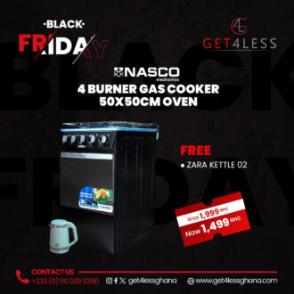 Nasco Gas Cooker 4 Burrner 50X50Cm Black Oven with free Zara-Kettle