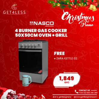 Nasco Gas Cooker 4 Burner 50 x 50 cm Black Oven + grill With Free Zara Kettle