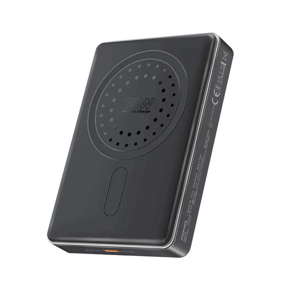 Promate 10000m Ah Ultra-Compact Aluminum Crafted MagSafe Compatible Wireles Charging PowerBank-Black
