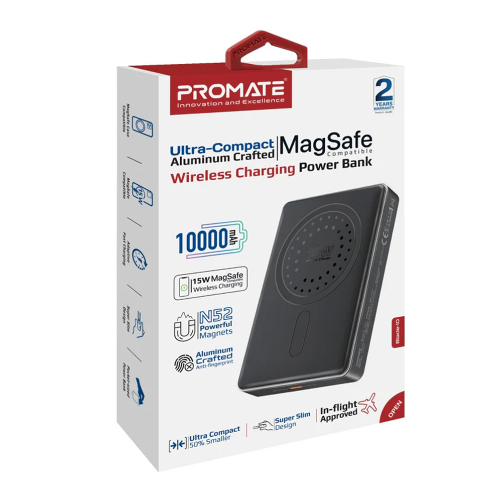 Promate 10000m Ah Ultra-Compact Aluminum Crafted MagSafe Compatible Wireles Charging PowerBank-Black - Image 4