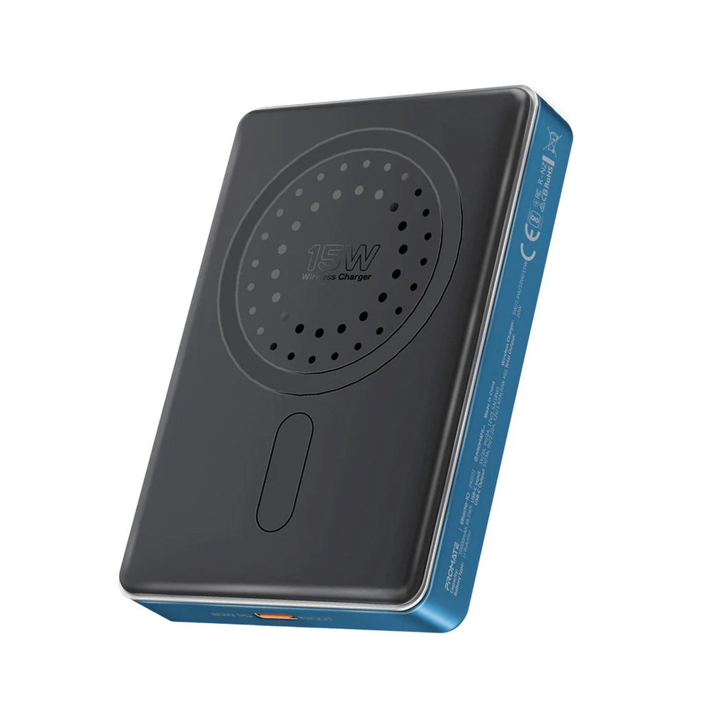 Promate 10000m Ah Ultra-Compact Aluminum Crafted MagSafe Compatible Wireles Charging PowerBank-Blue
