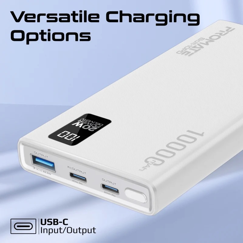 Promate 10000mAh Slim Power Bank with 20W PD USB-C White - Image 2