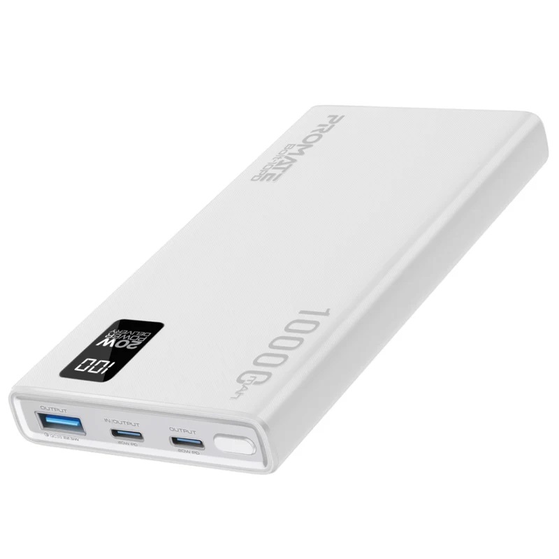 Promate 10000mAh Slim Power Bank with 20W PD USB-C White