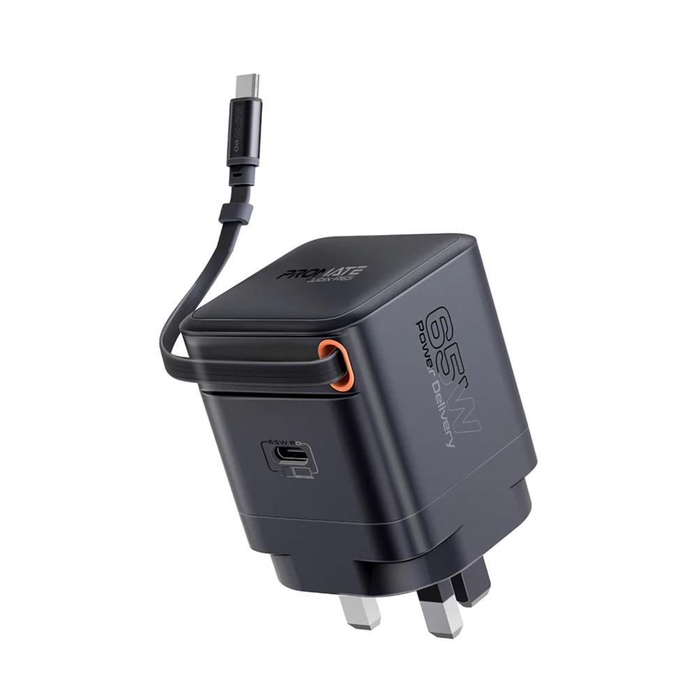 Promate 65W PD GanFast Charging Adapter with Retractable USB-C Cable