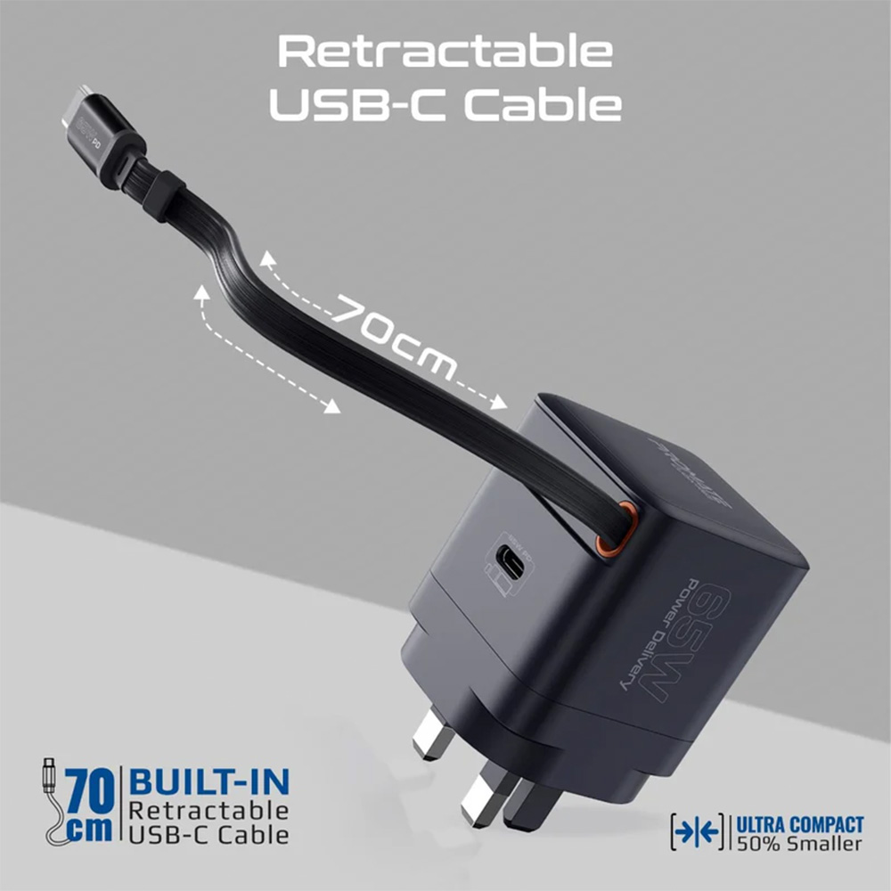 Promate 65W PD GanFast Charging Adapter with Retractable USB-C Cable - Image 2