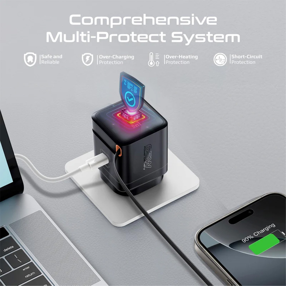 Promate 65W PD GanFast Charging Adapter with Retractable USB-C Cable - Image 4