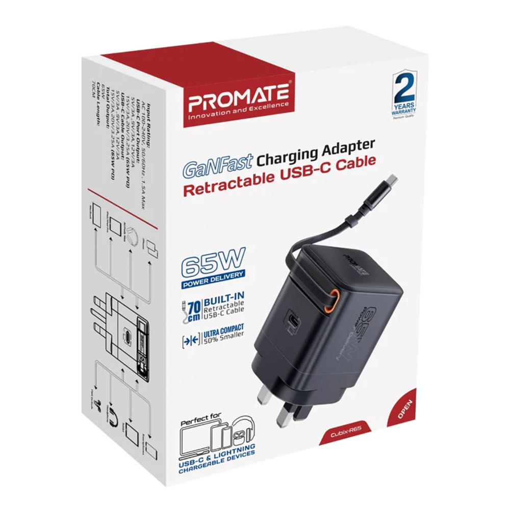Promate 65W PD GanFast Charging Adapter with Retractable USB-C Cable - Image 3