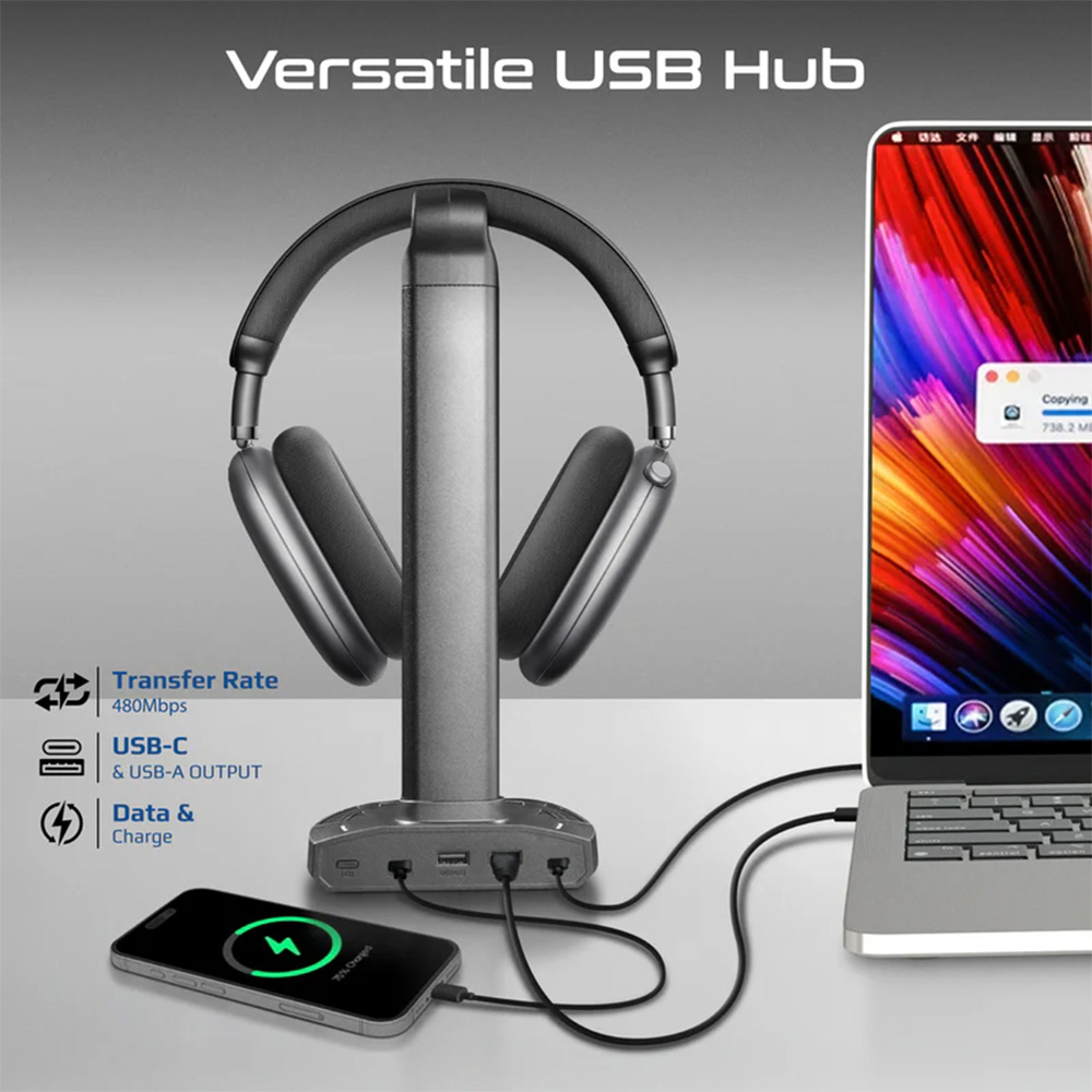 Promate Multifunctional RGB Headset Stand with 15W Wireless Charger & USB Hub - Image 3