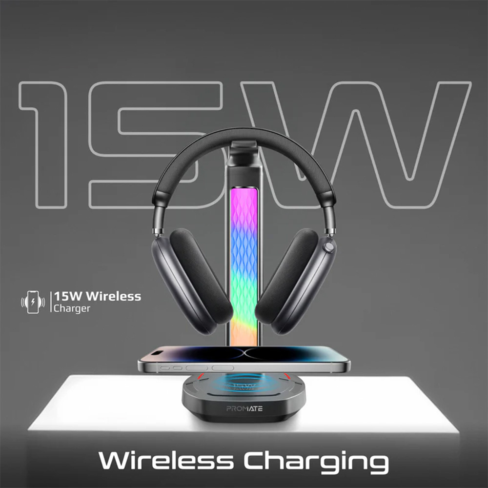 Promate Multifunctional RGB Headset Stand with 15W Wireless Charger & USB Hub - Image 4