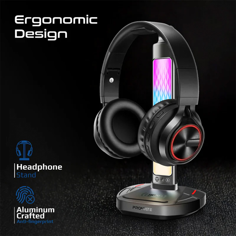 Promate Multifunctional RGB Headset Stand with 15W Wireless Charger & USB Hub - Image 5