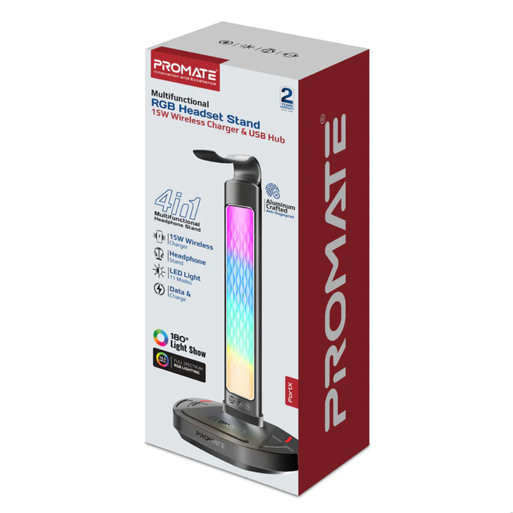 Promate Multifunctional RGB Headset Stand with 15W Wireless Charger & USB Hub - Image 6