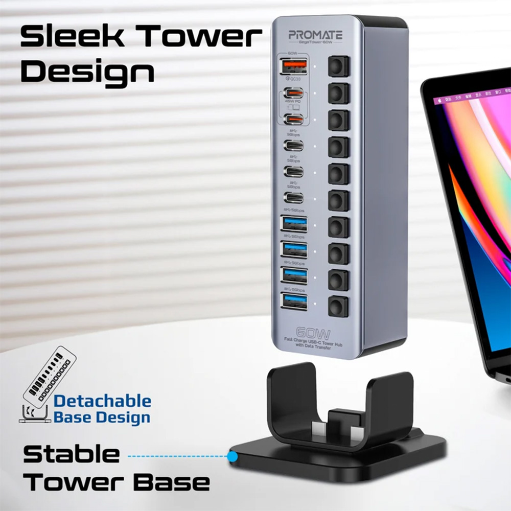 Promate Fast Charge Multi-port USB-C Tower Hub with 5Gbps Data Transfer - Image 2